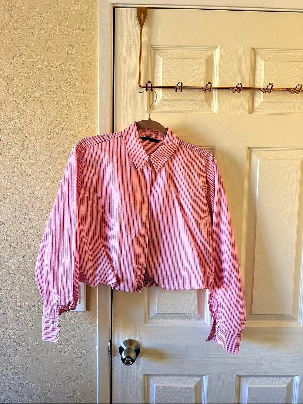 ZARA Striped Balloon Poplin Shirt Pink & White Size - Medium
